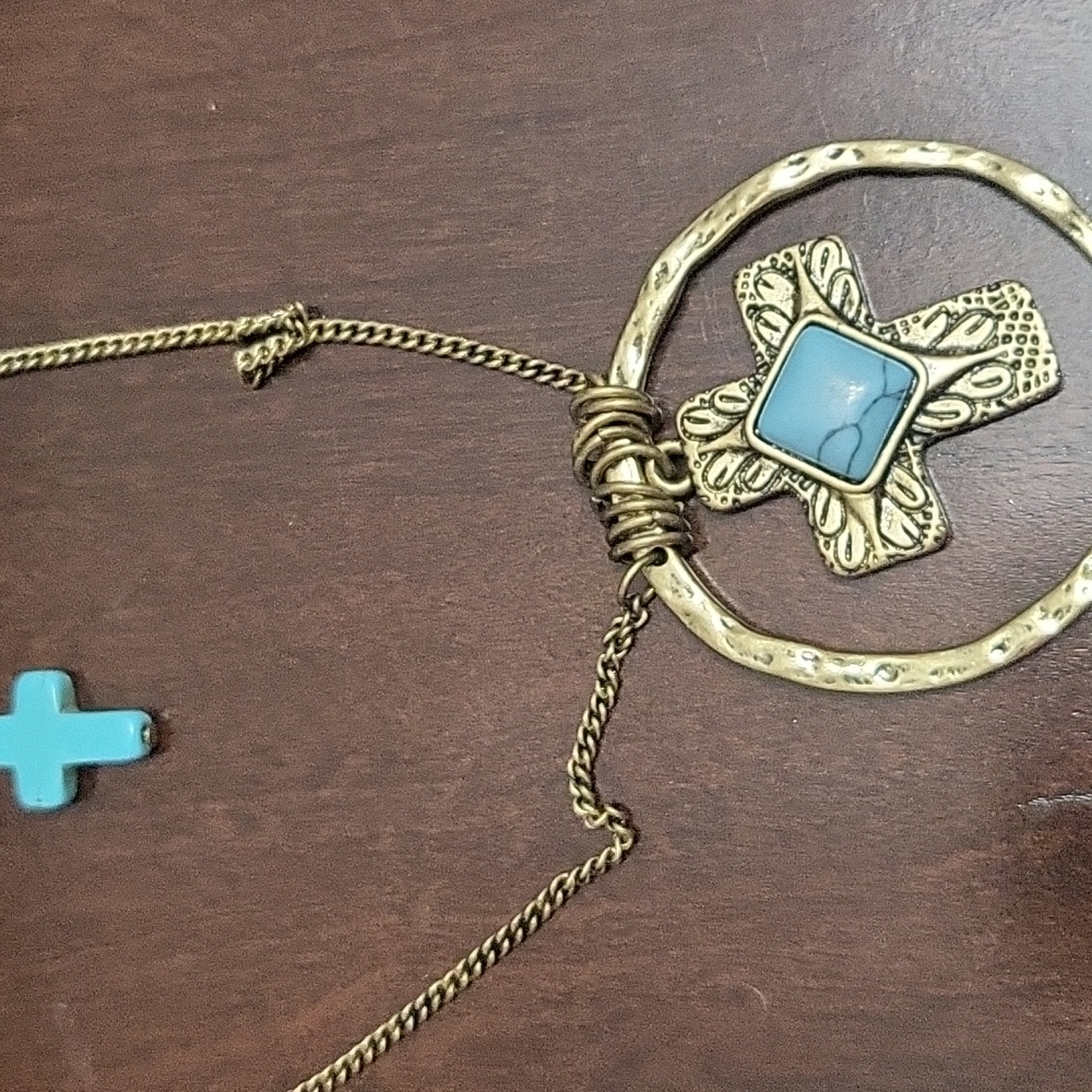 Beautiful gold and teal cross necklace and earrings set - Picture 3 of 3